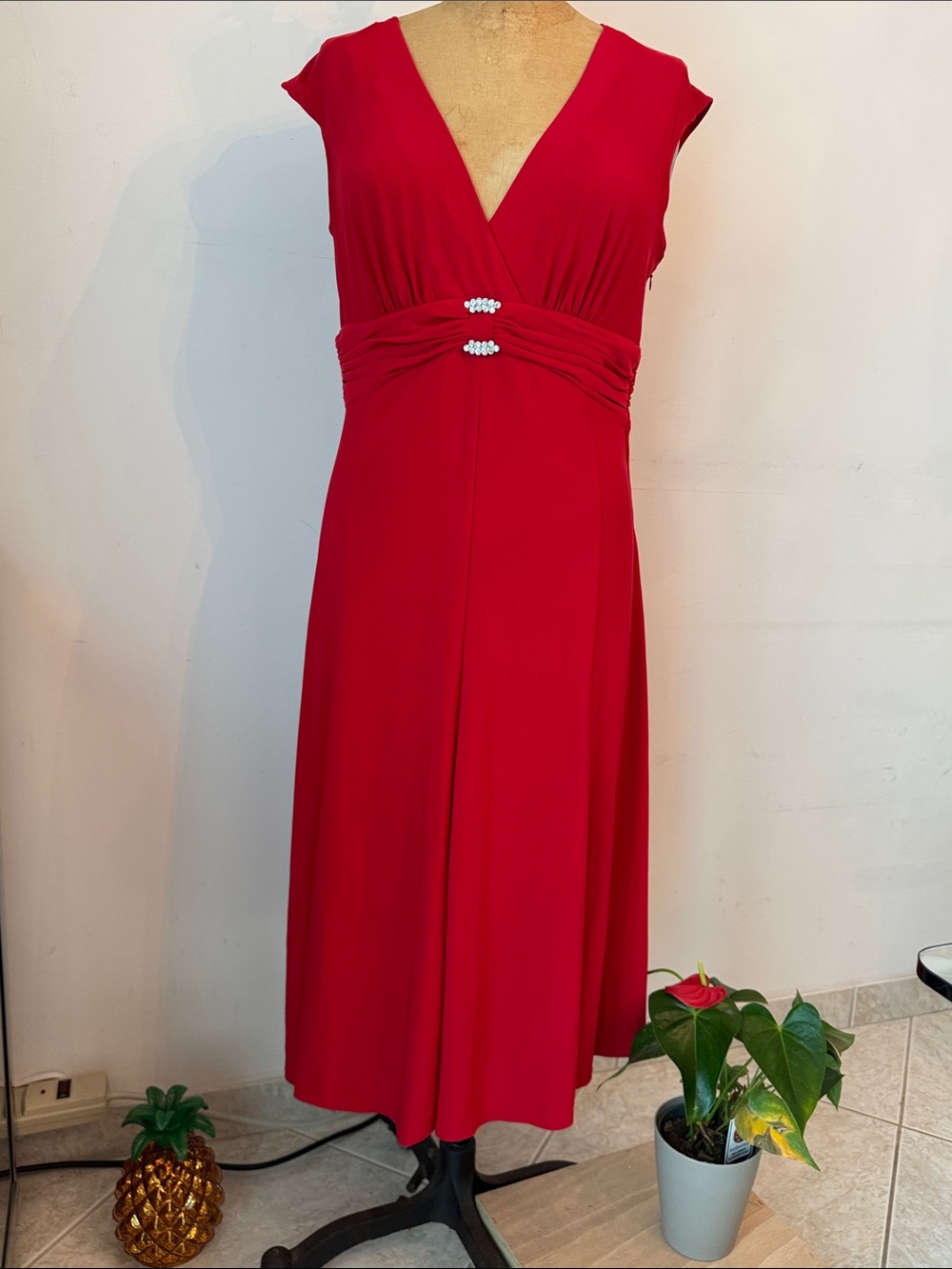 karin stevens Red V-Neck Midi Dress with Rhinestone Accents